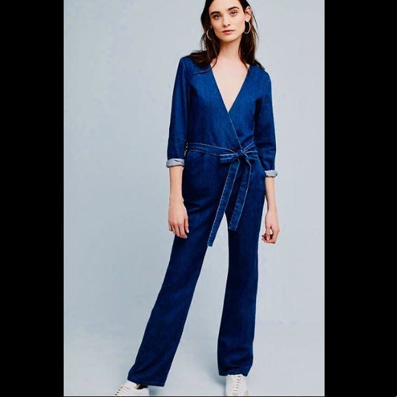 denim tie waist jumpsuit